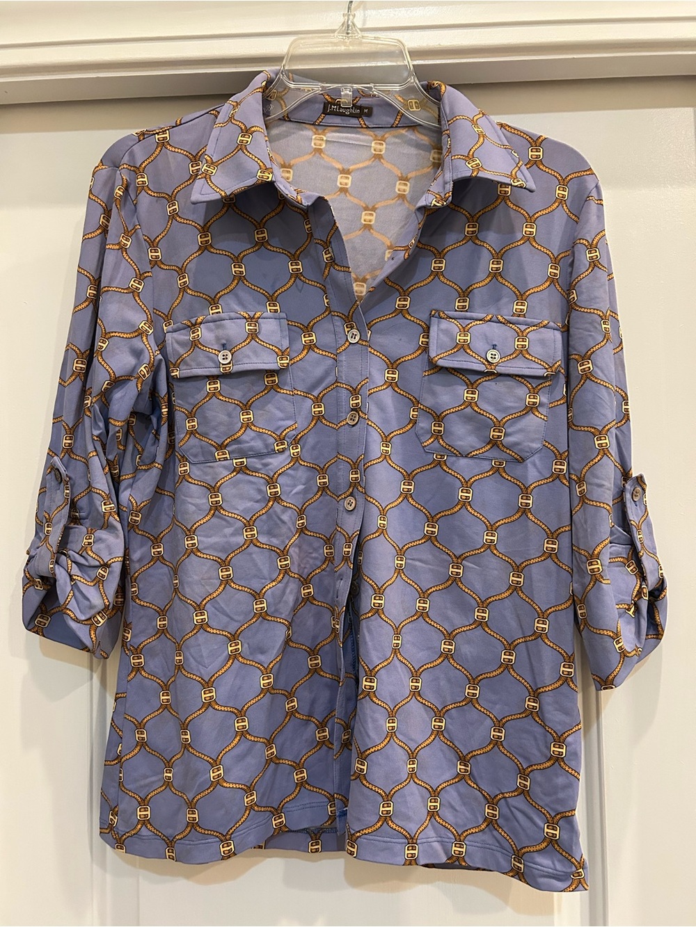 Light Purple Chain-Print Button Front Blouse;Equestrian print.